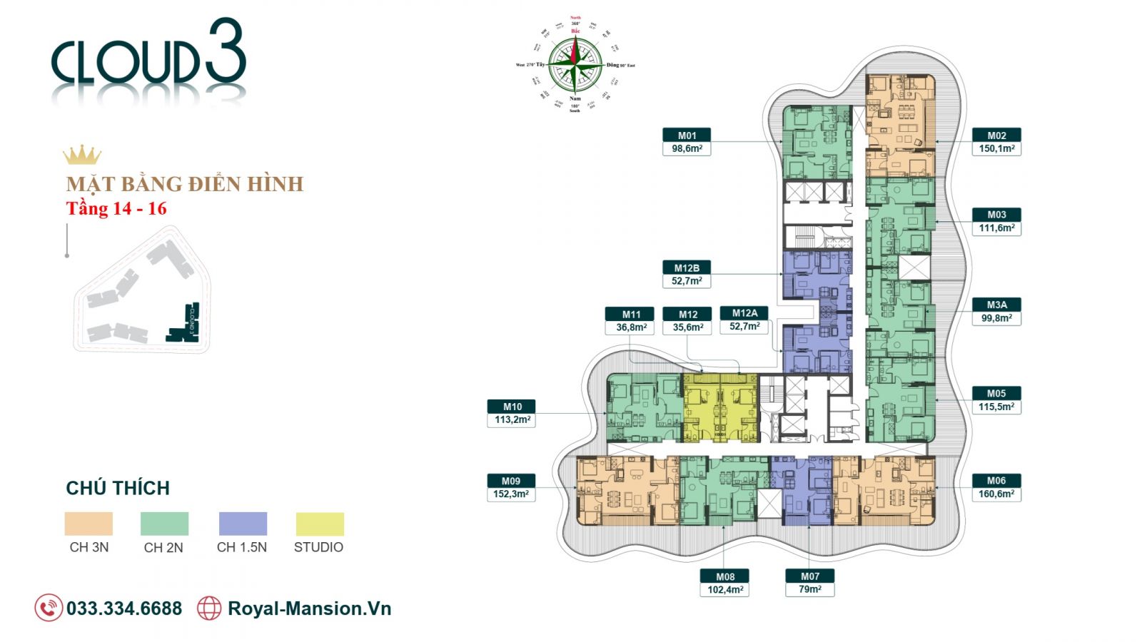 MẶT BẰNG TẦNG 14-16 TÒA CLOUD 3 CHUNG CƯ ROYAL MANSION