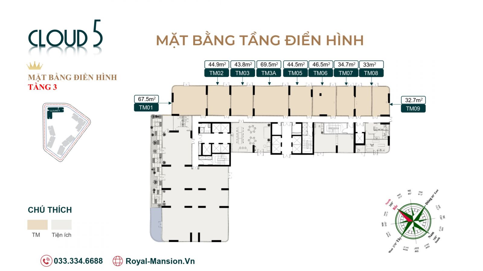 MẶT BẰNG TẦNG 3 TÒA CLOUD 5 CHUNG CƯ ROYAL MANSION