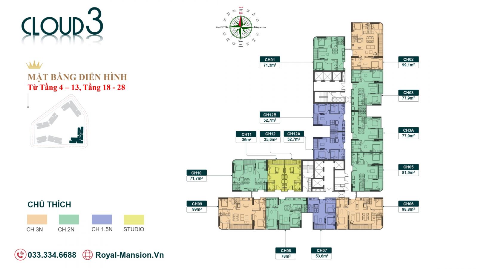 MẶT BẰNG TÒA CLOUD 3 CHUNG CƯ ROYAL MANSION