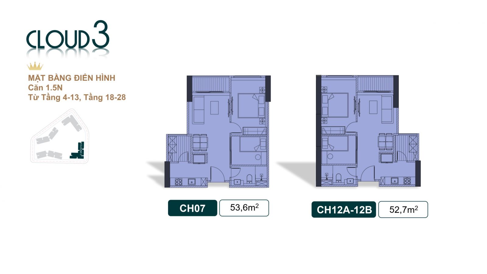 Thiết kế căn hộ 1.5 phòng ngủ tòa Cloud 3 - royal mansion