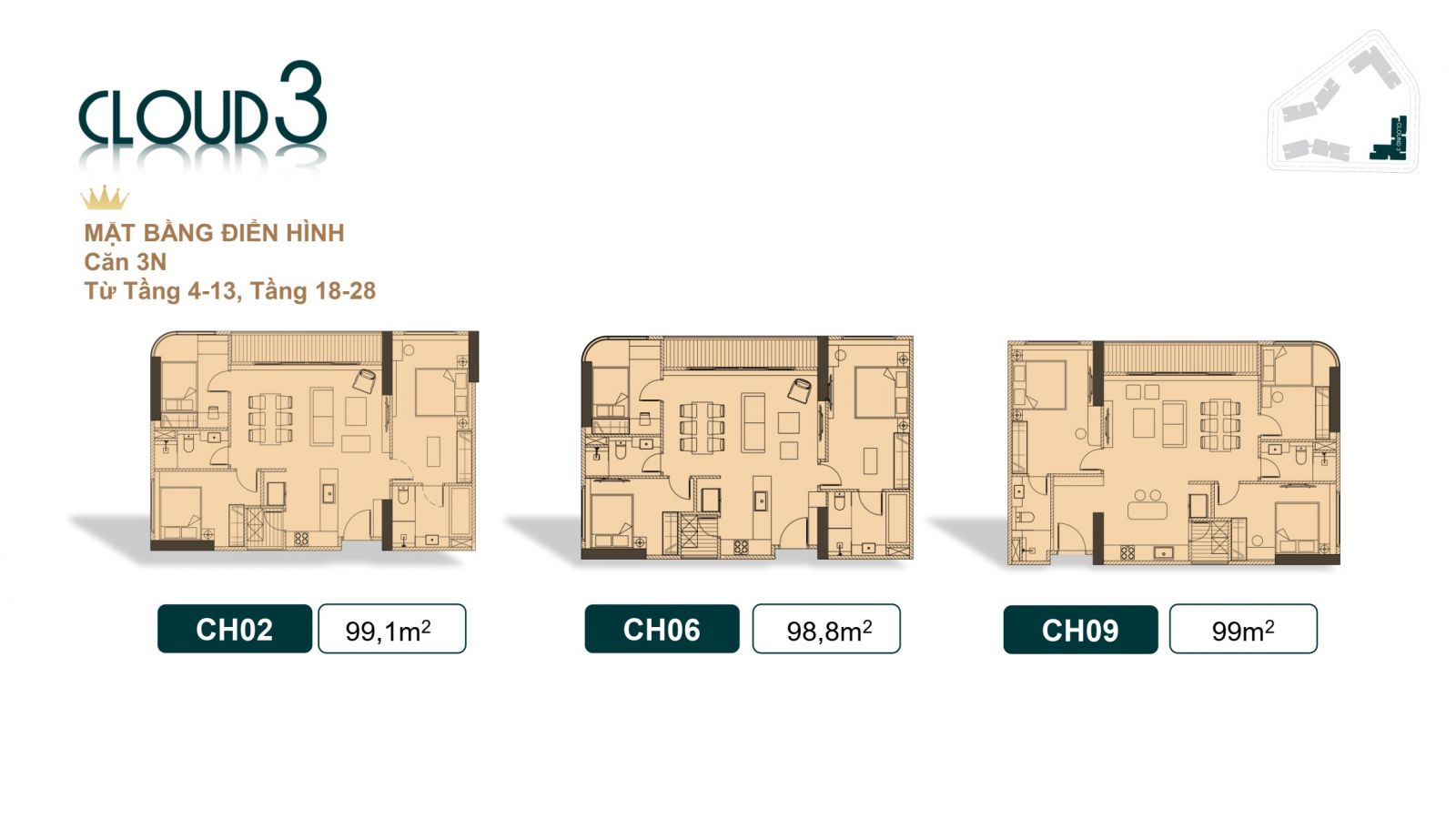 THIẾT KẾ CĂN HỘ 03 PHÒNG NGỦ TÒA CLOUD 3 - ROYAL MANSION