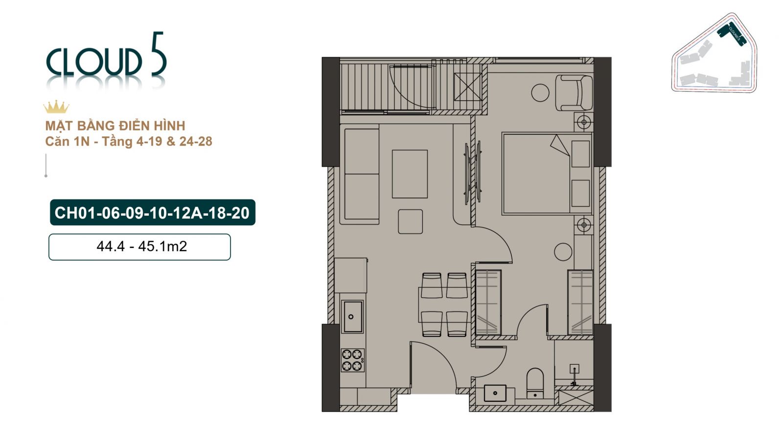 Thiết kế căn hộ 01 phòng ngủ tòa Cloud 3 - royal mansion