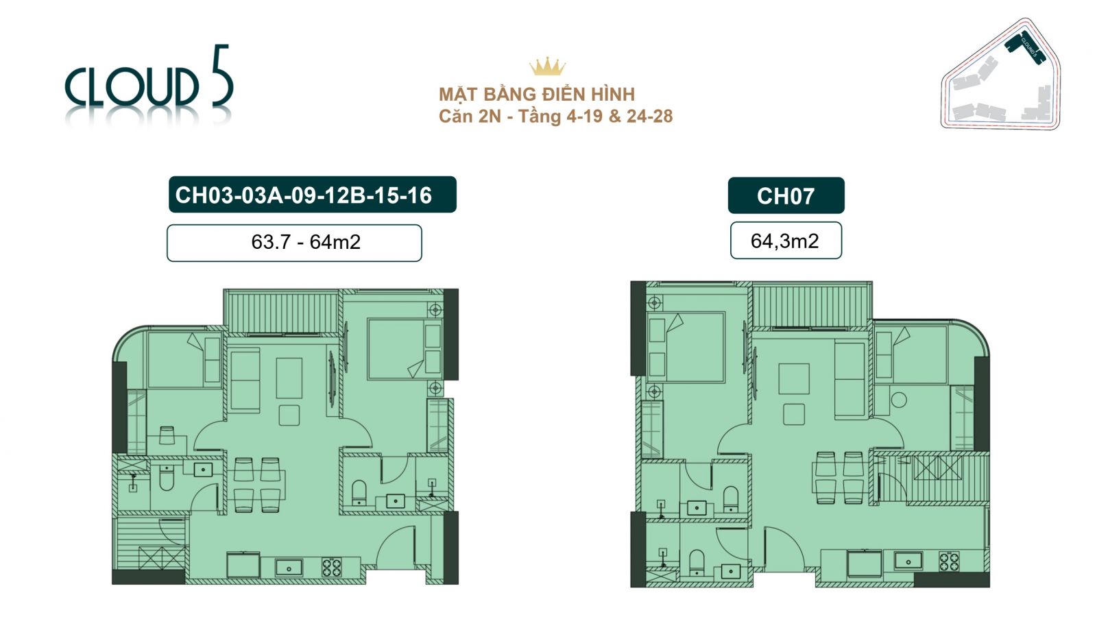 Thiết kế căn hộ 02 phòng ngủ tòa Cloud 3 - royal mansion